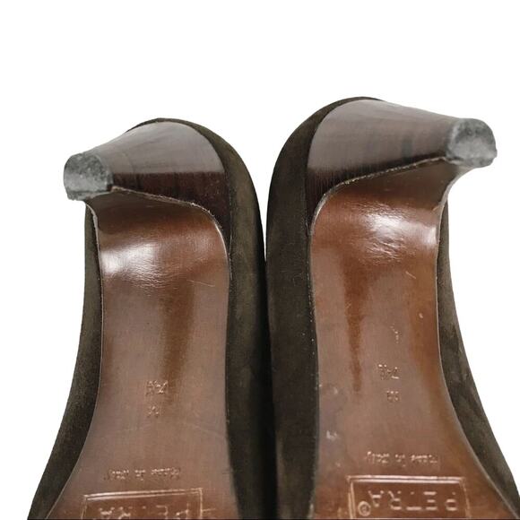 PETRA Brown Pumps Suede Gold Leather Trim Cone Heels Almond Toe Italy Size 7.5M - Picture 7 of 8